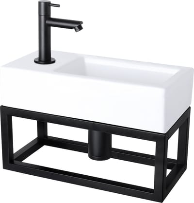 Differnz Helios fonteinset - 37.5x18.5x9.5cm - Rechthoek - 1 kraangat links - Recht matte zwarte kraan - met zwart frame - Keramiek Wit
