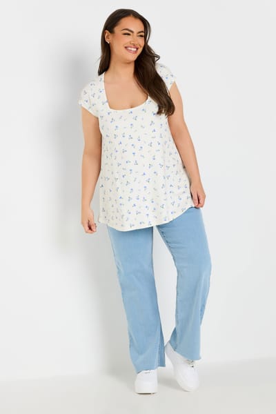 Yours Top Van Zware Stof Met Bloemenmotief En Vierkante Hals In Wit Size 42