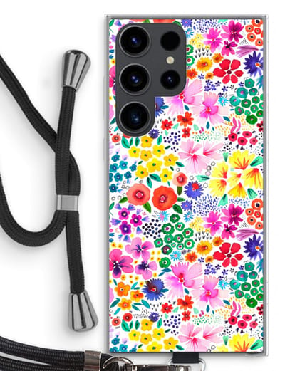 Case Company® - Hoesje met koord geschikt voor Samsung Galaxy S23 Ultra hoesje met Koord - Little Flowers - Telefoonhoesje met Zwart Koord - Bescherming aan alle Kanten en Over de Schermrand