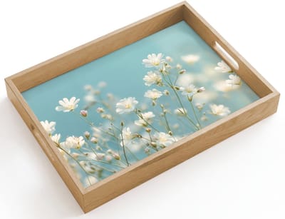 Dienblad hout 40x30 cm - Schootdienblad - Stängel – Blumen – Luft – Weiß - Borrelplank rechthoek - Plateau dienbladen
