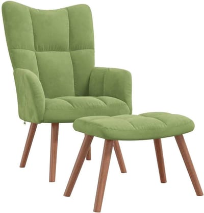 Relaxstoel met voetenbank - Fauteuil zetel - Ontspannen in huis - Zacht fluweel blokpatroon - Stalen houten frame - Lichtgroen