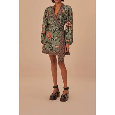 FARM Rio Arabesque Floral Green Long Sleeve Mini Dress Maat: L | Mini Jurken Outlet | Dames | Groen