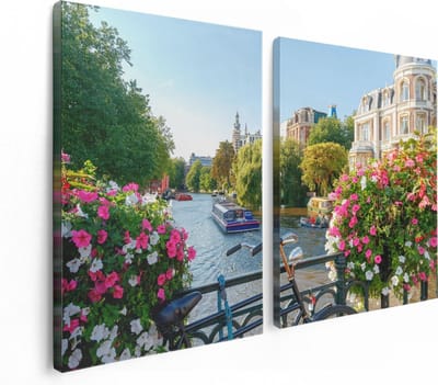 Artaza Canvas Schilderij Tweeluik Amsterdamse Kanaal Met Bloemen - 120x80 - Foto Op Canvas - Canvas Print