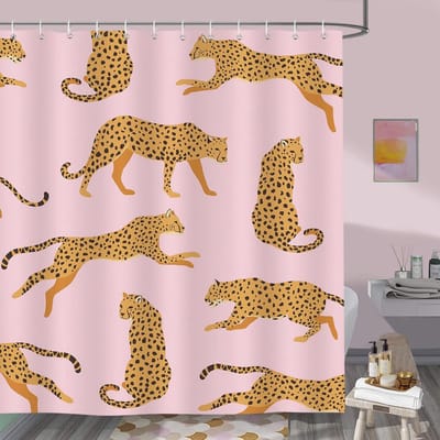 Famanu – Douchegordijn luipaardprint roze 180 x 200 cm – waterdicht polyester anti-schimmel + 12 haken