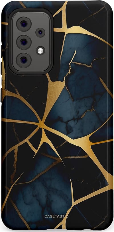 Casetastic hoesje geschikt voor Samsung Galaxy A52 (2021) 5G / Samsung Galaxy A52 (2021) 4G - Dubbellaagse bescherming - Sterrennacht Marmer Goud - Fashion Case - Zwart Goud Donkerblauw