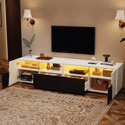 TV Meubel - 180x38,5x45 cm - Hoogglans met LED - Voor 80 Inch TV - 2 Lades - Wit en Zwart