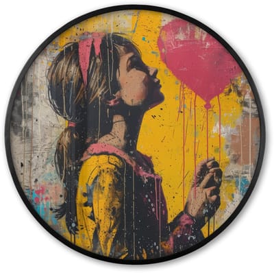 Poster in lijst Rond - Fotolijst 60x60 cm - Posters - Graffiti - Meisje - Ballon - Street art - Ronde posterlijst zwart - Decoratie - Wanddecoratie woonkamer - Muurdecoratie slaapkamer