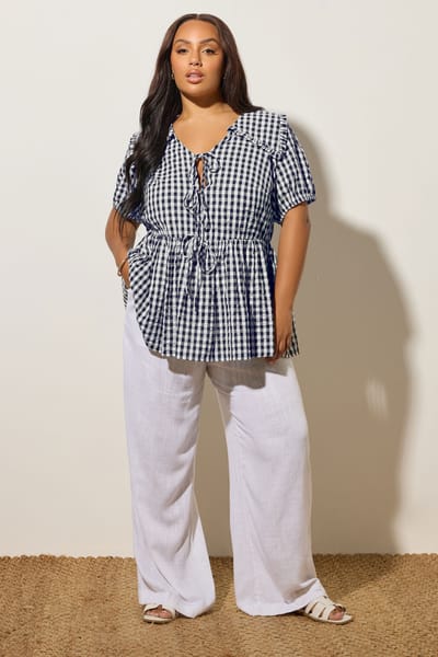 Yours Marineblauwe Blouse Met Ruitjesmotief En Strik Aan De Voorkant Size 42