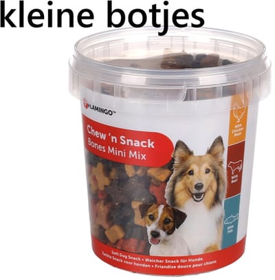 Flamingo - hondensnacks - chew'n snacks kip en zalm - soft - kleine beentjes - 500 gr training snacks .