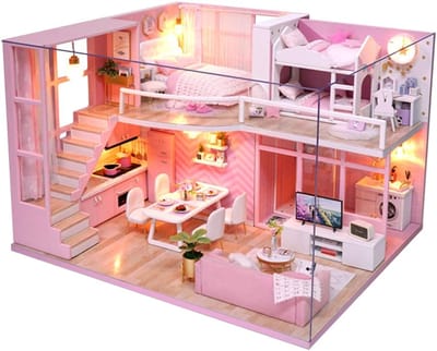 Miniatuur Poppenhuis - Houten Bouwset - Creatief Hobbyen - Handgemaakt Design - 31 x 24 x 7 cm - Roze Thema