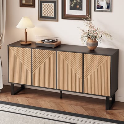 Sweiko Dressoir - Halmeubel - Houtnerfafwerking - Gestreepte kastdeuren - Zwart + Natuurlijke