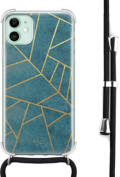 Hoesje met koord geschikt voor iPhone 11 - Abstract blauw - Inclusief zwart koord - Crossbody beschermhoes - Transparant, Blauw - Mooie Telefoonhoesjes