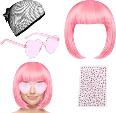 Korte Roze Perucque voor Vrouwen met Accessoires - Set van 4 Inclusief Bril, Haarnet en Stickers voor Cosplay, Feest en Dagelijks Gebruik
