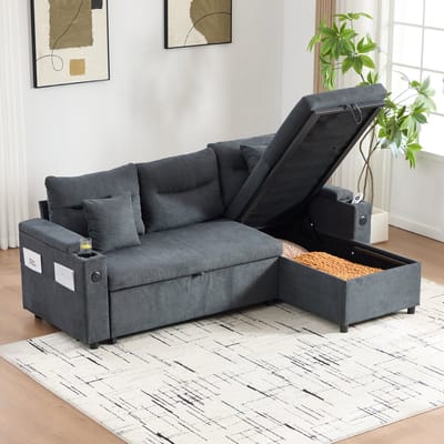 DESMIU Bedbank 212,5 Cm - 3-Zits Met Opbergruimte En USB-C - Met Hydraulische Chaise Longue Voor Woonkamer - Linnen Donkergrijs