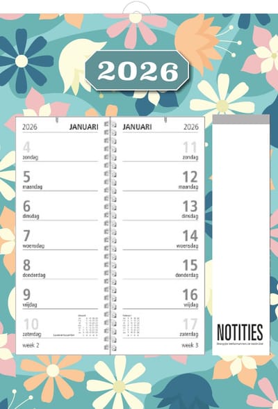 MGPcards - Telefoon(omleg)kalender 2026 - Week begint op zondag - 24 x 34 cm - Bloemen - Blauw