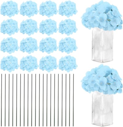 Set van 20 Zijde Hortensia Bloemen, Kunstmatige Volle Hortensia Bloemkoppen met 20 Stelen voor Thuisdecoratie, Bruiloften, Feestdagen en Tuinieren - Luchtblauw