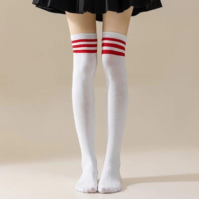 Nieuw 1 Paar Sexy Lange Sokken Effen Kleur Gestreept Dames Boven de Knie Dijhoog Boven de Knie Kousen Dames Meisjes Warmen Kniekousen One Size white