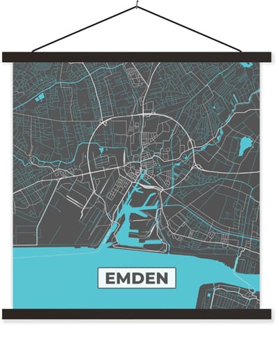 Posterhanger incl. Poster 60x60 cm - Schoolplaat - Kaart – Plattegrond – Stadskaart – Emden – Duitsland – Blauw - Textielposter - Zwarte latten - Stadskaart