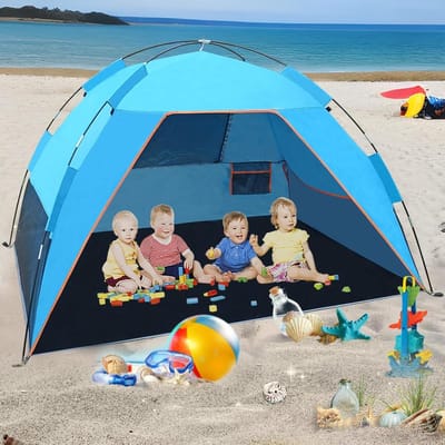 Strandtent UV Bescherming 50+ Strandschelp voor 3-4 Personen - Gemakkelijk te Dragen Campingtent voor Familie Picknick Tuin Vissen