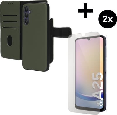 Mobiparts Leather 2 in 1 Wallet Case hoesje geschikt voor Samsung Galaxy A25 met 2 Screenprotectors van Gehard Glas - Groen
