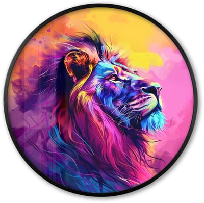 Poster in lijst Rond - Fotolijst 60x60 cm - Posters - Leeuw - Verf- Kleuren - Dier - Ronde posterlijst zwart - Decoratie - Wanddecoratie woonkamer - Muurdecoratie slaapkamer