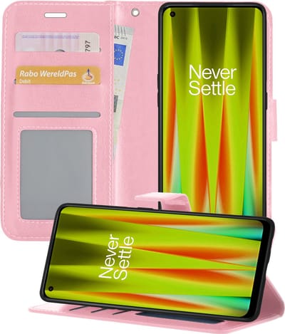 Hoesje - Met Pasjeshouder - Geschikt voor OnePlus Nord CE 2 - Luxe Bookcase Portemonee - Flip Case - Kunstleer Book Case - Flipcase - Book Cover - Walletcase - Portemonneehoes - Telefoonhoesjes - Lichtroze