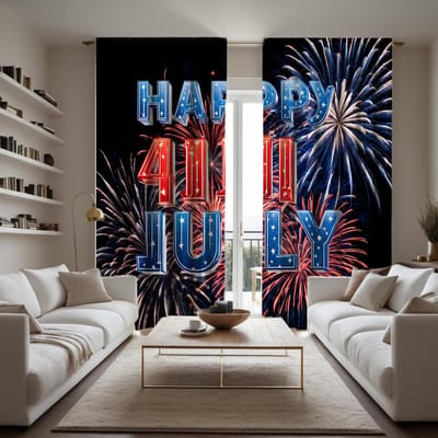 2 stuks HD Onafhankelijkheidsdag Hallo Juli vuurwerk decoratief gordijn Zwarte stropdas digitaal bedrukt gordijn huisdecoratie stijl dec W52H63inchW132H160cm white