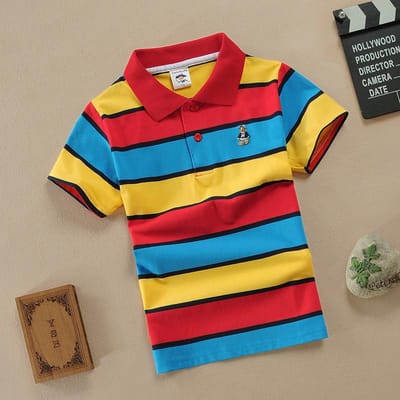 Puur Katoenen T-shirt, Kleurrijk Gestreept Revers Kinder T-shirt met Korte Mouwen, Gestreept POLO Shirt voor Middelgrote en Grote Kinderen 165cm red