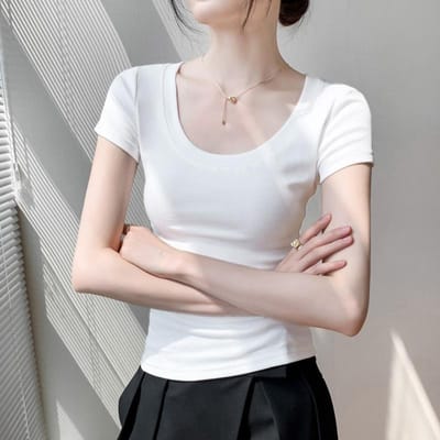 T-shirt en Coton Pur Femme Manches Courtes Été Nouveau Sexy Pur Mince Épaules Dénudées Haut Moulant Chemise de Base M white
