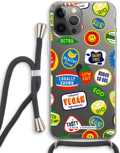 Case Company® - Hoesje met koord geschikt voor iPhone 12 Pro hoesje met Koord - Fruitsticker - Telefoonhoesje met Zwart Koord - Bescherming aan alle Kanten en Over de Schermrand