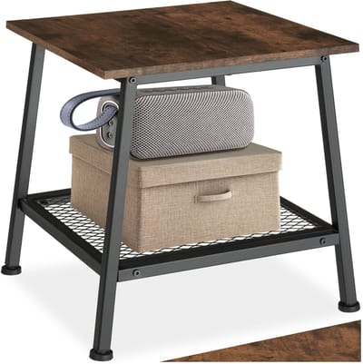 tectake® Bijzettafel van Hout en Metaal - Nachtkastje met Roosterplank in het Onderste Gedeelte - Industrieel Design - Afmetingen 45,5 x 45 x 47 cm - Zwart Metalen Frame - (Industrieel Donkerbruin)