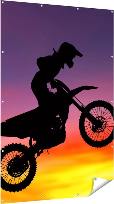 Gards Tuinposter Silhouet van een Motorcross in de Lucht - 120x180 cm - Tuindoek - Tuindecoratie - Wanddecoratie buiten - Tuinschilderij