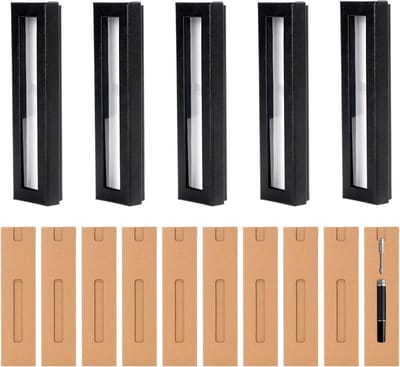 5-delige Geschenken Doos voor Pennen met PVC Venster en 10 Papieren Kaarten, Duurzaam Karton voor Balpen en Sieraden, Zwart (17 x 4 x 2 cm) Luxe Cadeauverpakking met Schuim