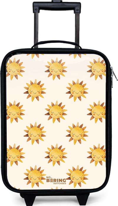 NoBoringSuitcases.com® - Kinderkoffer jongen - Kindertrolley meisje - Lachende zonnetjes als patroon op beige achtergrond - Koffer kind lichtgewicht - Reiskoffer trolley voor kinderen - Koffertje met lichtgevende wieltjes - Rolkoffer zwart