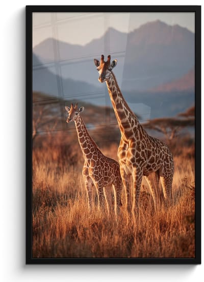 Poster in lijst - Fotolijst 60x90 cm - Posters - Giraffen - Hoog gras - Acaciabomen - Posterlijst zwart - Decoratie - Wanddecoratie woonkamer - Muurdecoratie slaapkamer