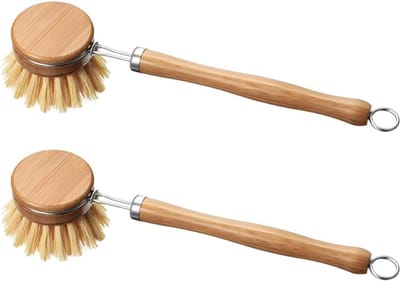 Thijox - Vervangbare Bamboe Afwasborstel met Lange Steel, Pan & Pot Reinigingsborstel, Houten Handvat, 2 Stuks - Duurzaam & Milieuvriendelijk Keukenac