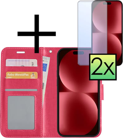 Hoesje - Met 2x Screenprotector - Geschikt voor Apple iPhone 15 Pro Max - Luxe Pasjeshouder - Bookcase Portemonee - Flip Case - Kunstleer Book Case - Flipcase Hoes - Book Cover - Walletcase - Portemonneehoes - Donkerroze