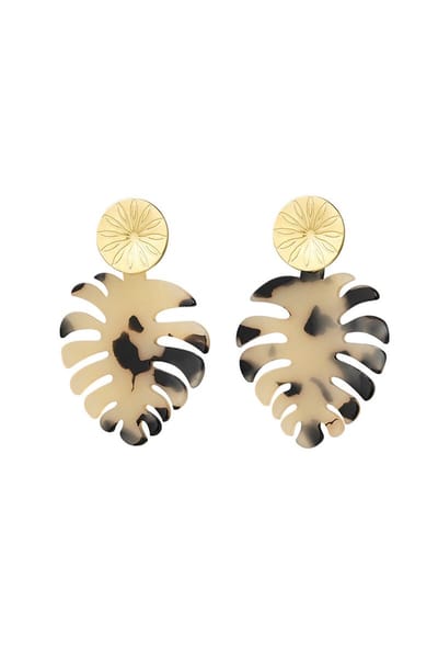 Luxe oorbellen - stekers - blaadje met print - uniek design - earrings - beige met zwart - cadeau idee moeder - gift
