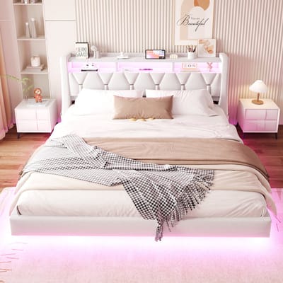 Gestoffeerd bed 180x200 cm - met stopcontact en opbergruimte - LED-verlichting - verbrede bedpoten - beige - zonder matras