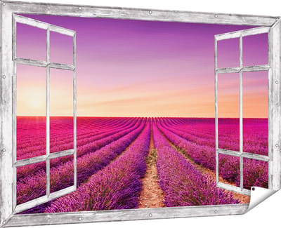 Gards Tuinposter Doorkijk Paarse Lavendel Bloemenveld - 180x120 cm - Tuindoek - Tuindecoratie - Wanddecoratie buiten - Tuinschilderij