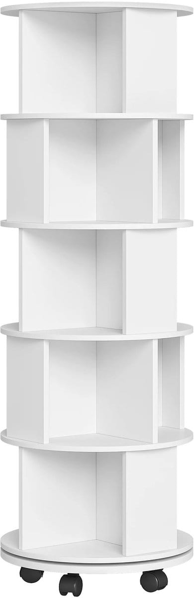 NordHaus Draaibare Boekenkast - Boekenplank - Opbergkast - 360° Roterend met Wielen - 5 Laags Wit 161,5 cm Hoog