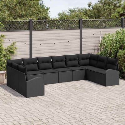 vidaXL Tuinbank Set met kussen met opslag 10 pcs Zwart poly rattan