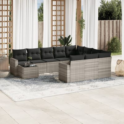 vidaXL - 11-delige - Loungeset - met - kussens - poly - rattan - lichtgrijs