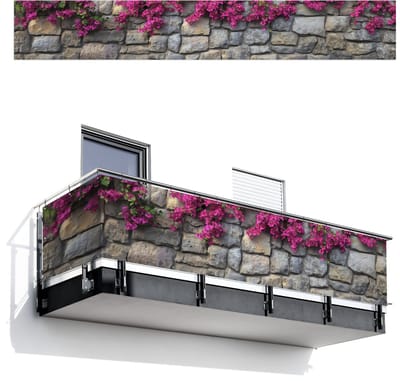Balkonscherm 500x75 cm - Balkonposter Bougainvillea - Stenen Muur - Roze - Balkon scherm decoratie - Balkonschermen - Balkondoek zonnescherm