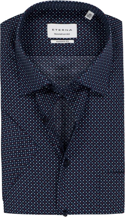 ETERNA modern fit overhemd korte mouw - popeline - donkerblauw met wit - rood en lichtblauw dessin - Strijkvrij - Boordmaat: 38 (EU maat: S)