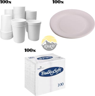 KURTT - Wegwerpservies - Koffiebekers karton 180ml - 100x - kartonnen bordjes 23cm - 100x - luxe servet wit 1/8 vouw - 100x