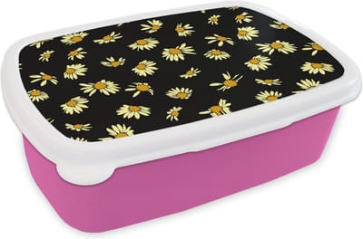 Broodtrommel Roze - Lunchbox - Brooddoos - Madelief - Zwart - Patroon - 18x12x6 cm - Kinderen - Meisje