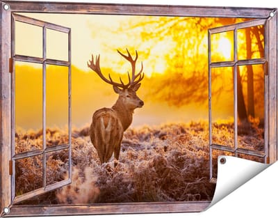 Gards Tuinposter Doorkijk Hert in Bos tijdens de Zonsopkomst - 90x60 cm - Tuindoek - Tuindecoratie - Wanddecoratie buiten - Tuinschilderij