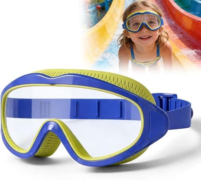 Set van 2 Kinder Zwembrillen Blauw-Geel Kleurblok, Breed Zicht Grootglas, Waterdicht Anti-Waas & UV-Beschermd voor Zwemles, Zwembad en Waterpark