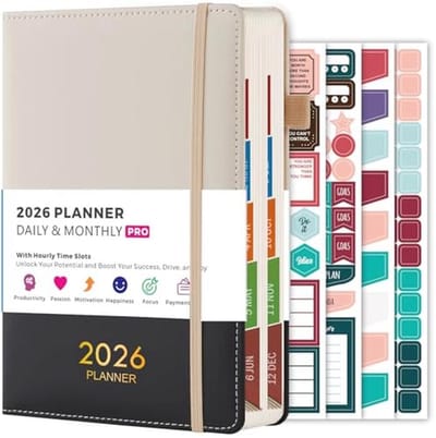 Dagplanner 2026 - 365 dagen, 13,7 x 20,4 cm, uurschema, etiketten en stickers voor een georganiseerd jaar